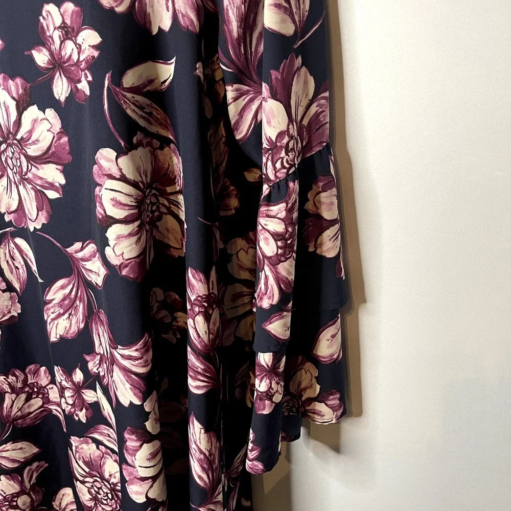 Altar'd State Floral Bell Sleeve Shift Dress Navy Blue Purple Size Medium - Picture 4 of 7